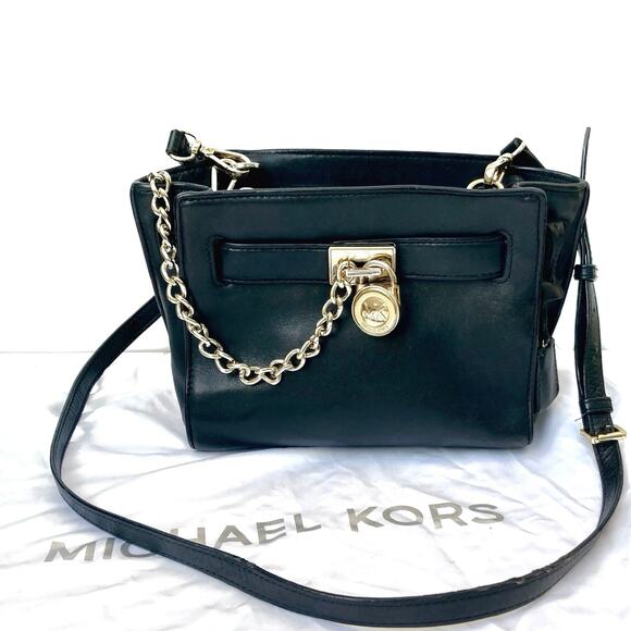 Michael Kors Hamilton Travel Mini Crossbody |  Black Leather | Gold Chain Accent - Picture 4 of 16